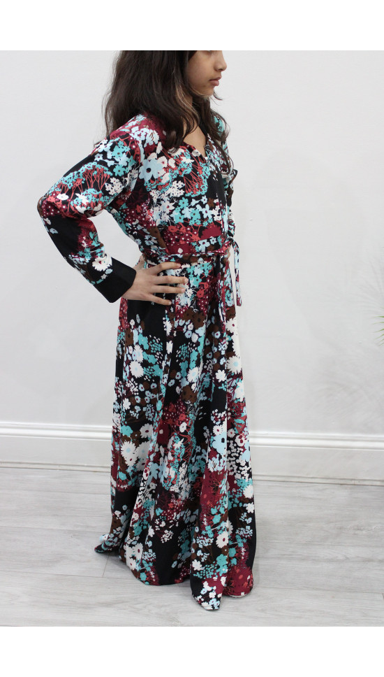 Floral Print Kids Long Sleeves Maxi Dress - Burgundy