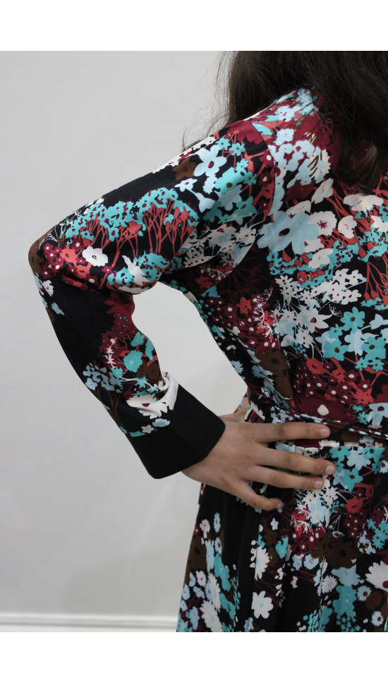 Floral Print Kids Long Sleeves Maxi Dress - Burgundy