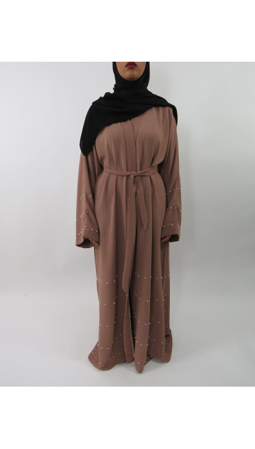 Amani’s Light Brown Designer Open Abaya Style With Pearls UK