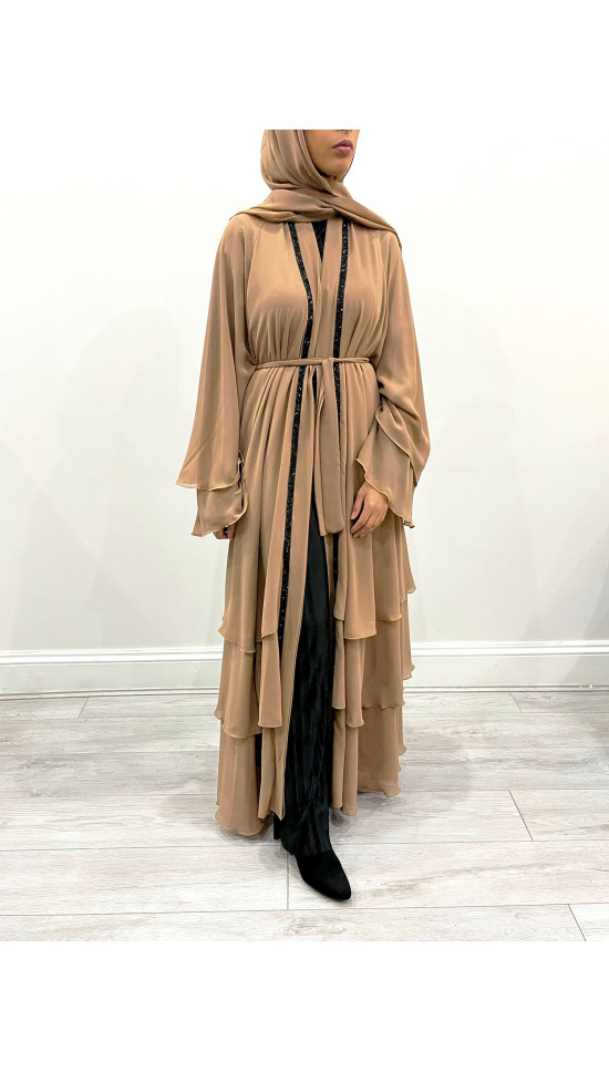 Amani's Caramel Embellished Chiffon Layered  Open Abaya