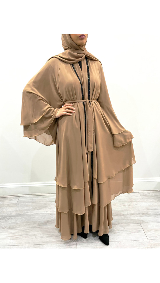 Amani's Caramel Embellished Chiffon Layered  Open Abaya