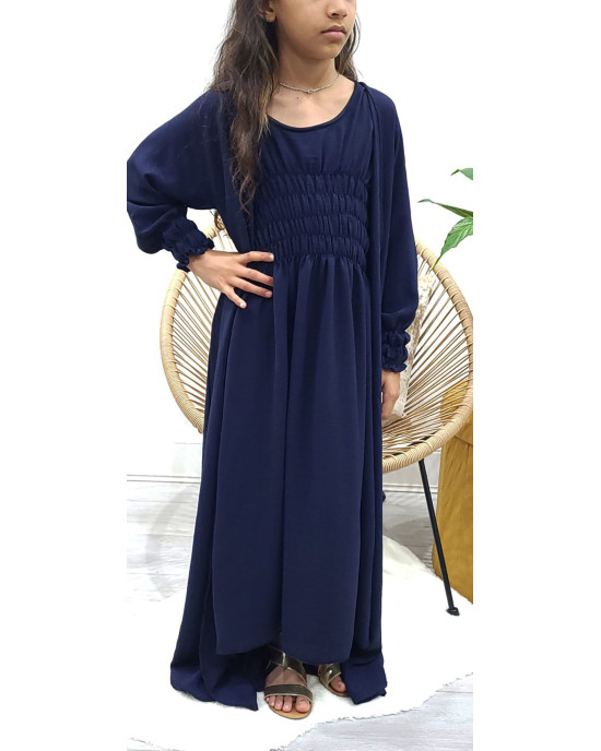 Kids Two-Piece Navy Blue Jacket Style Abaya With Belt