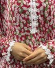 One Piece Lace Trim Floral Islamic Prayer Dress With Attached Hijab - Crimson Red