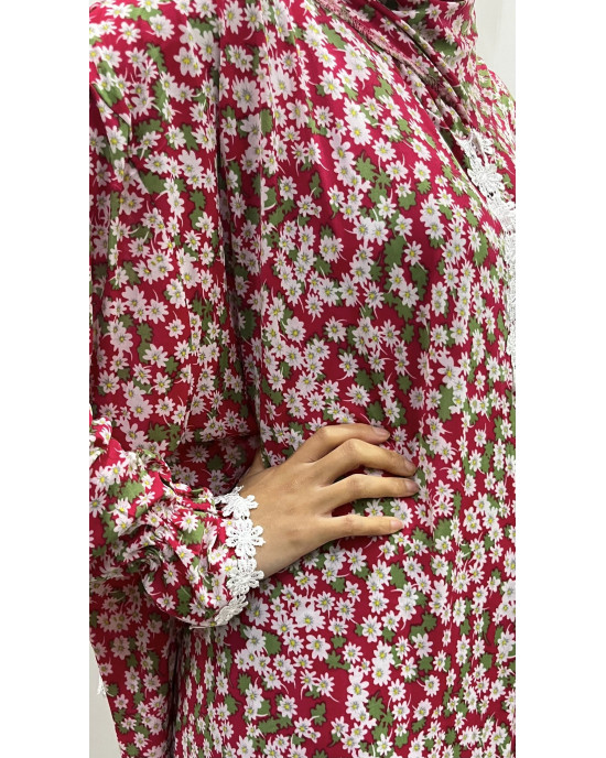 One Piece Lace Trim Floral Islamic Prayer Dress With Attached Hijab - Crimson Red