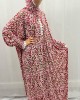 One Piece Lace Trim Floral Islamic Prayer Dress With Attached Hijab - Crimson Red