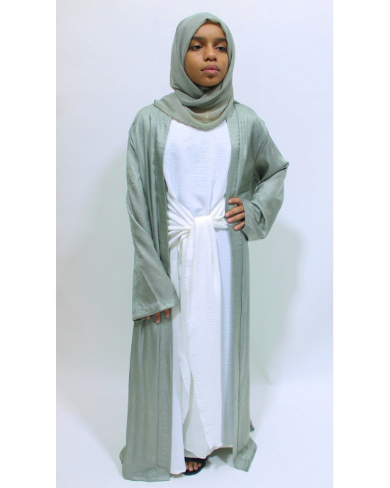 Girls Open Jacket Abaya Set - Sage Green