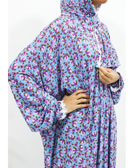 One Piece Lace Trim Floral Islamic Prayer Dress With Attached Hijab - Light Blue