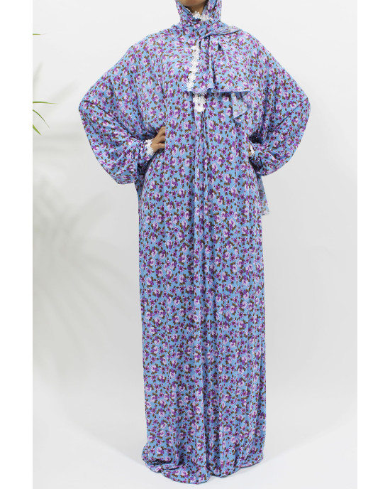 One Piece Lace Trim Floral Islamic Prayer Dress With Attached Hijab - Light Blue