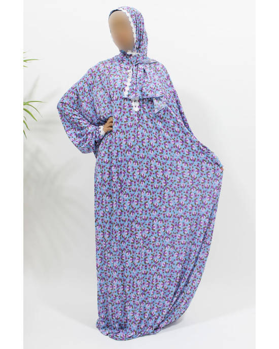 One Piece Lace Trim Floral Islamic Prayer Dress With Attached Hijab - Light Blue