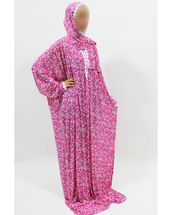 One Piece Lace Trim Floral Islamic Prayer Dress With Attached Hijab - Pink Candy