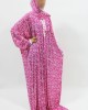 One Piece Lace Trim Floral Islamic Prayer Dress With Attached Hijab - Pink Candy