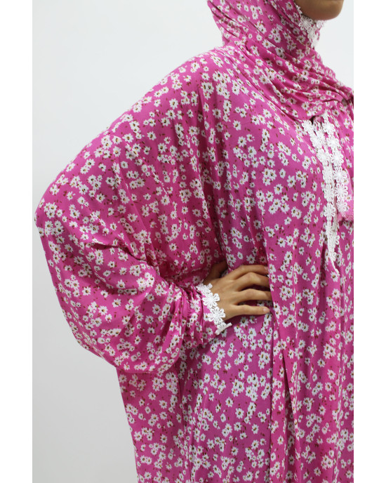 One Piece Lace Trim Floral Islamic Prayer Dress With Attached Hijab - Pink Candy