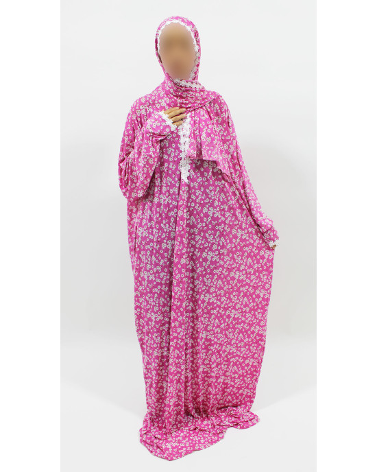 One Piece Lace Trim Floral Islamic Prayer Dress With Attached Hijab - Pink Candy