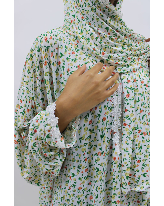One Piece Lace Trim Floral Islamic Prayer Dress With Attached Hijab - White Floral