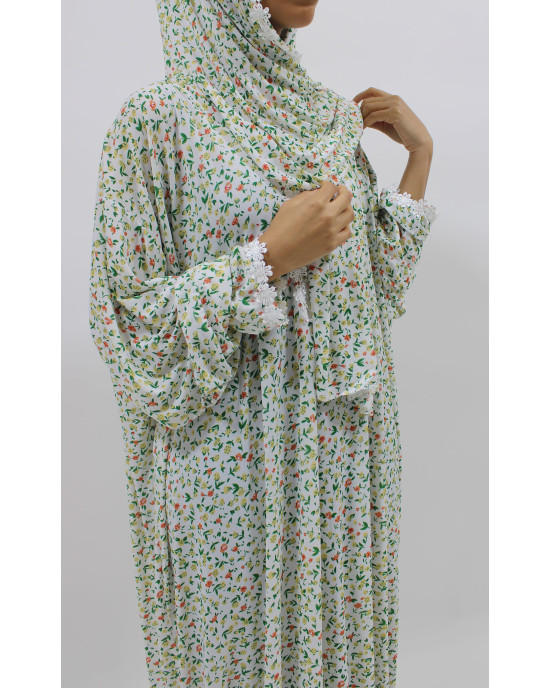 One Piece Lace Trim Floral Islamic Prayer Dress With Attached Hijab - White Floral