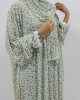 One Piece Lace Trim Floral Islamic Prayer Dress With Attached Hijab - White Floral