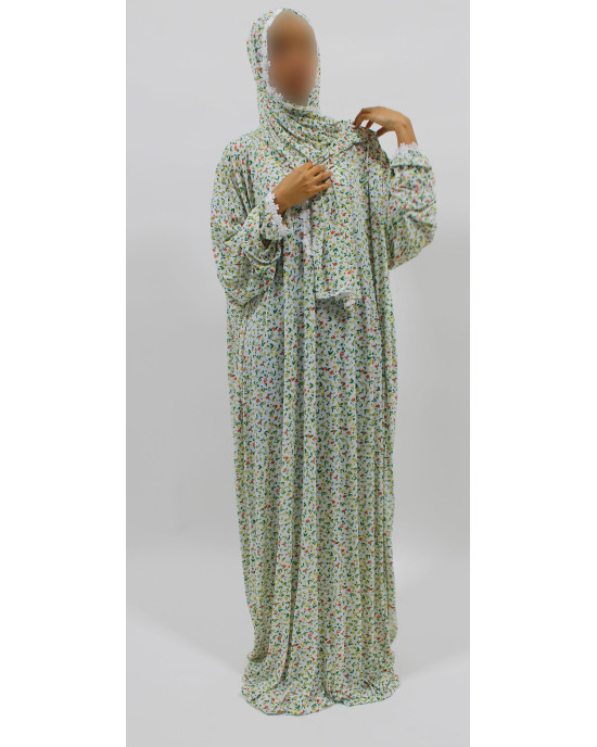One Piece Lace Trim Floral Islamic Prayer Dress With Attached Hijab - White Floral