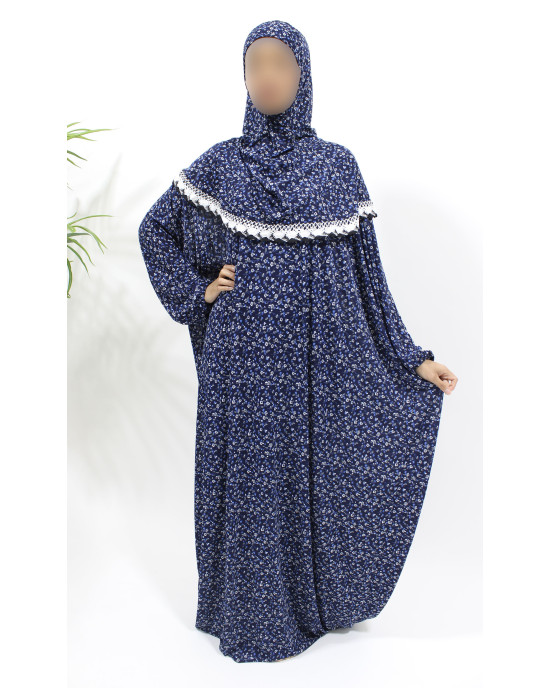One Piece Slip-On Jersey Islamic Prayer Dress With Attached Hijab - Navy Blue