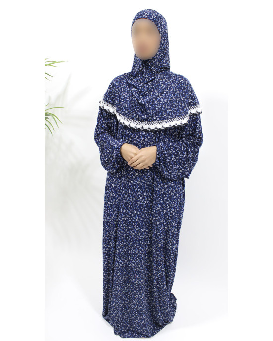 One Piece Slip-On Jersey Islamic Prayer Dress With Attached Hijab - Navy Blue