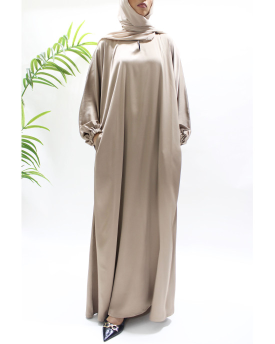 Dark Beige Textured Satin Abaya With Pockets