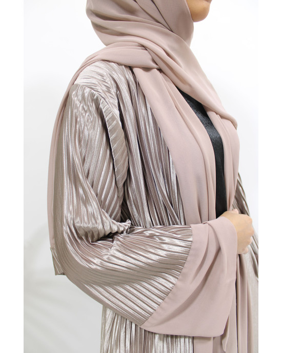 Premium Pleated Satin Open Abaya - Pink Nude