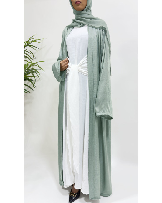 Premium Open Abaya With Inner Slip Dress - Sage