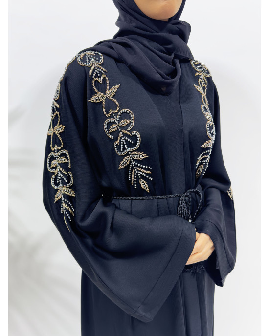 Black Hand Embellished Open Abaya