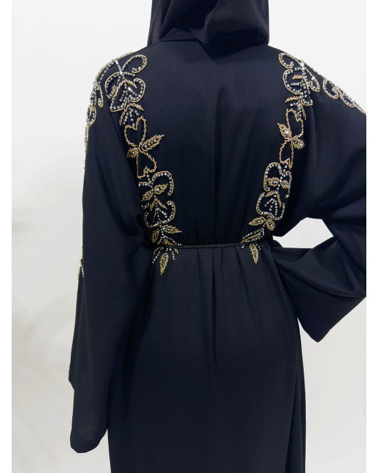 Black Hand Embellished Open Abaya