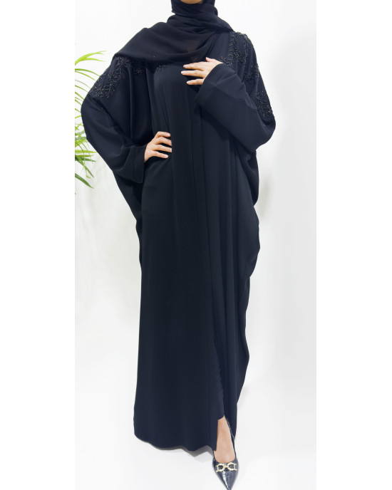 Black On Black Embellished Open Batwing Abaya