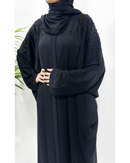 Black On Black Embellished Open Batwing Abaya