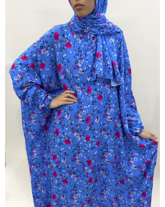 Cotton Floral Prayer Dress With Attached Hijab - Bright Blue