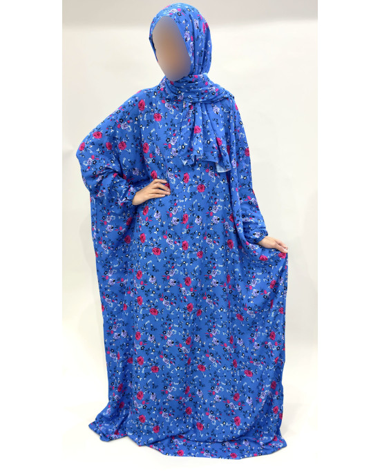 Cotton Floral Prayer Dress With Attached Hijab - Bright Blue