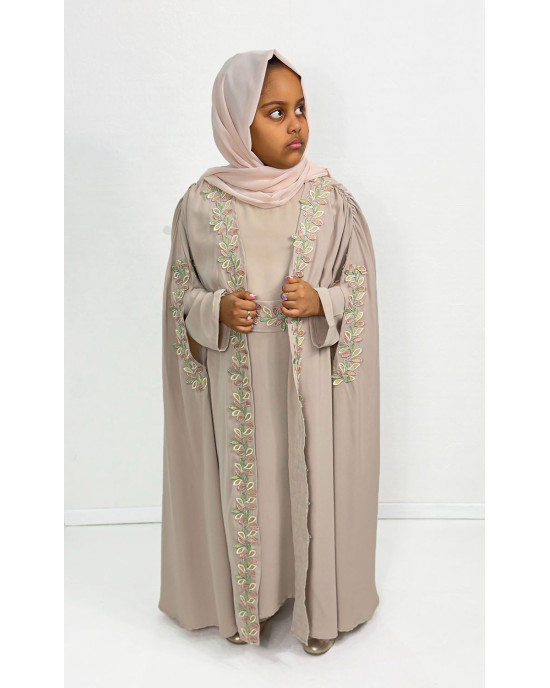 Luxury Cape Abaya Set With Leaf Embroider Applique - Almond