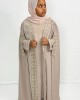 Luxury Cape Abaya Set With Leaf Embroider Applique - Almond