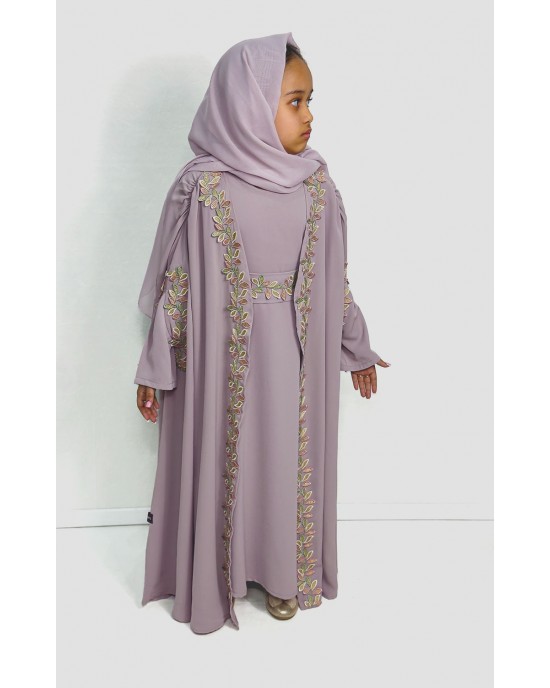 Luxury Cape Abaya Set With Leaf Embroider Applique - Lilac