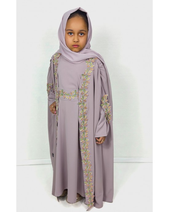 Luxury Cape Abaya Set With Leaf Embroider Applique - Lilac