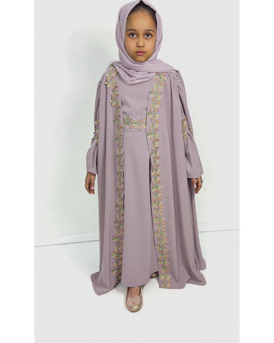Luxury Cape Abaya Set With Leaf Embroider Applique - Lilac