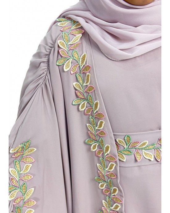 Luxury Cape Abaya Set With Leaf Embroider Applique - Lilac