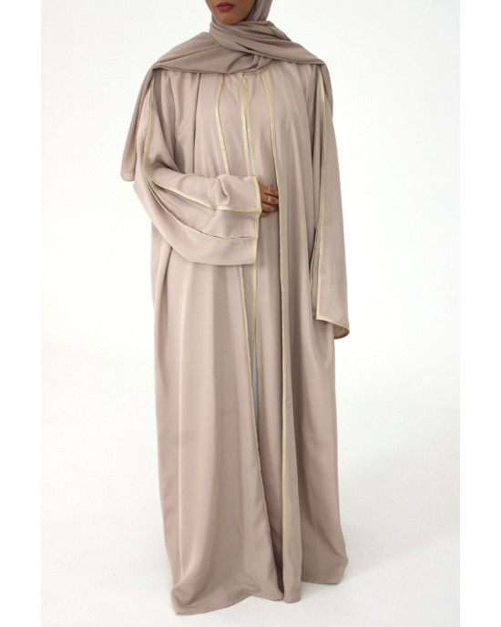 Open Abaya With Detailed Piping - Beige