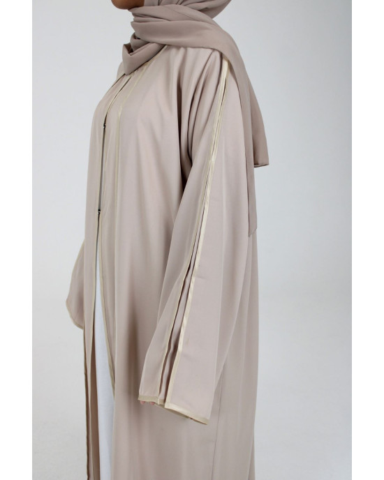 Open Abaya With Detailed Piping - Beige