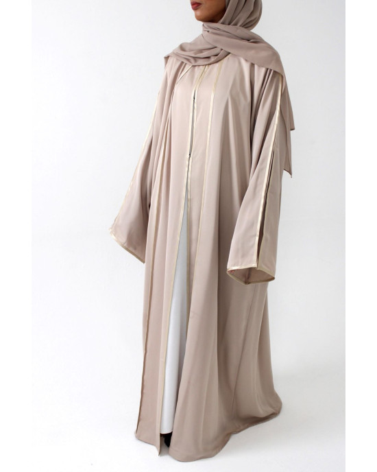 Open Abaya With Detailed Piping - Beige