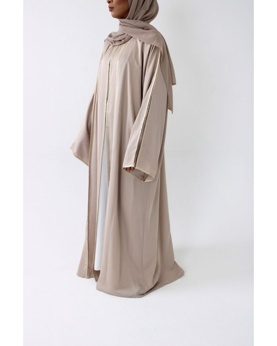 Open Abaya With Detailed Piping - Beige