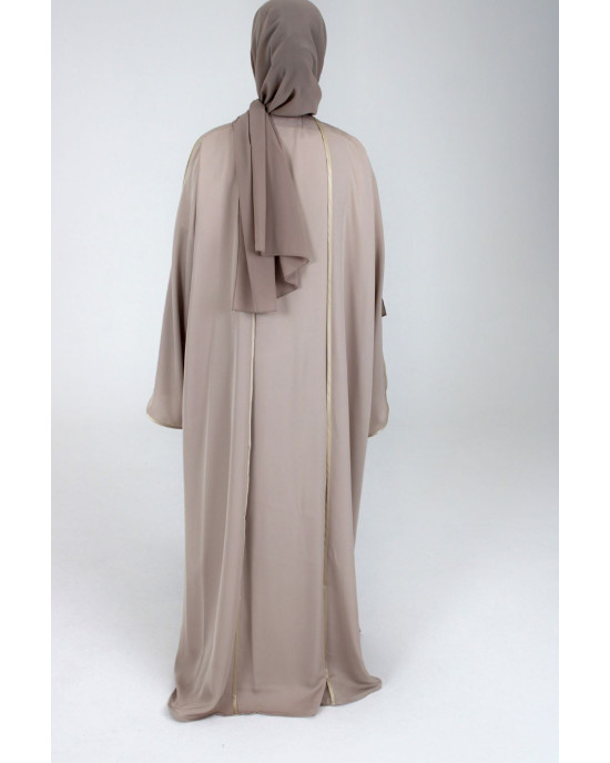 Open Abaya With Detailed Piping - Beige