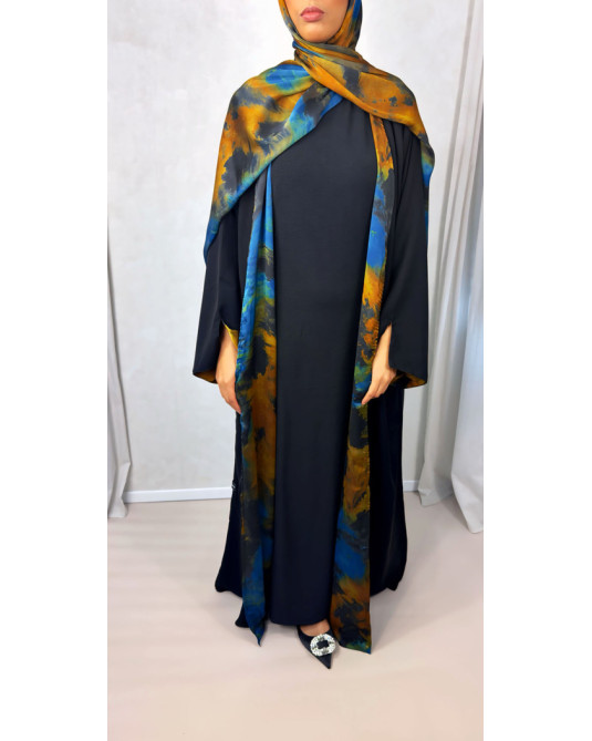 NEW Open Abaya With Satin Chiffon Lining - Blue & Orange Hues