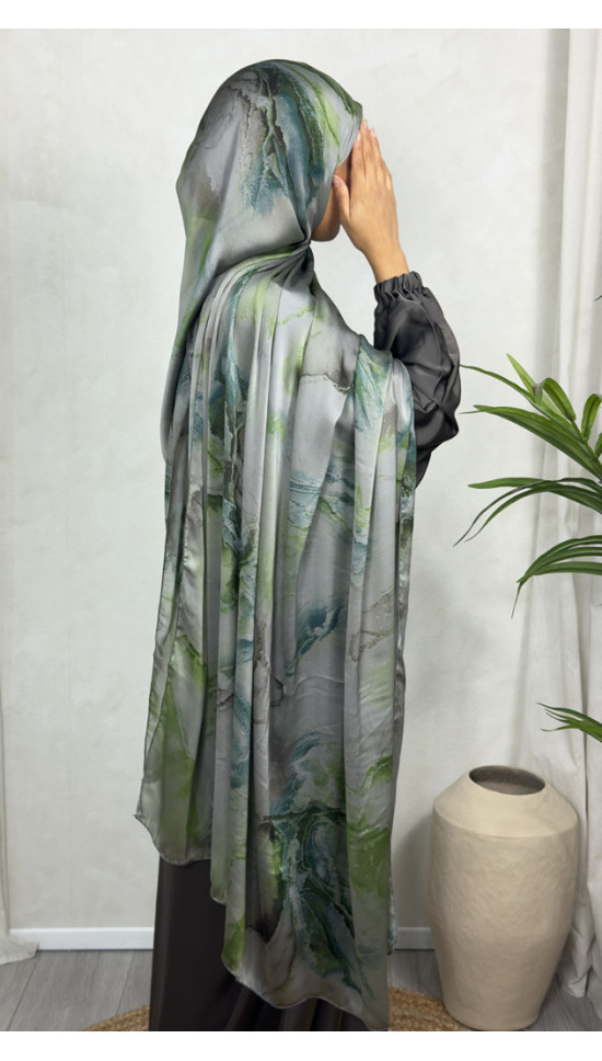NEW XL Alcohol Ink Satin Chiffon Scarf - Teal and Green Hues