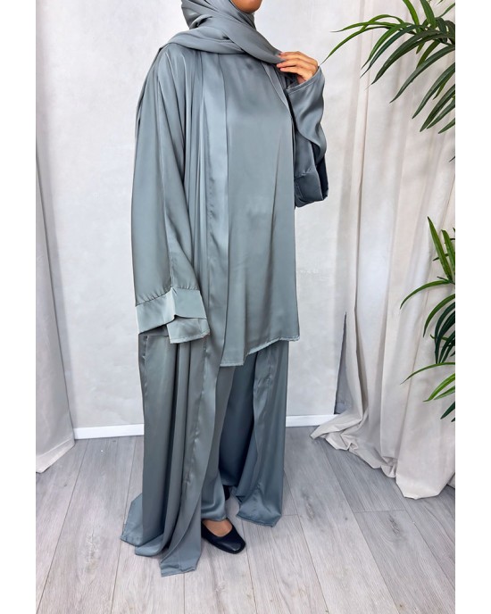 Armani Satin 4-Piece Abaya Set - Dark Sage