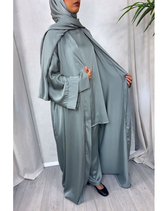 Armani Satin 4-Piece Abaya Set - Dark Sage