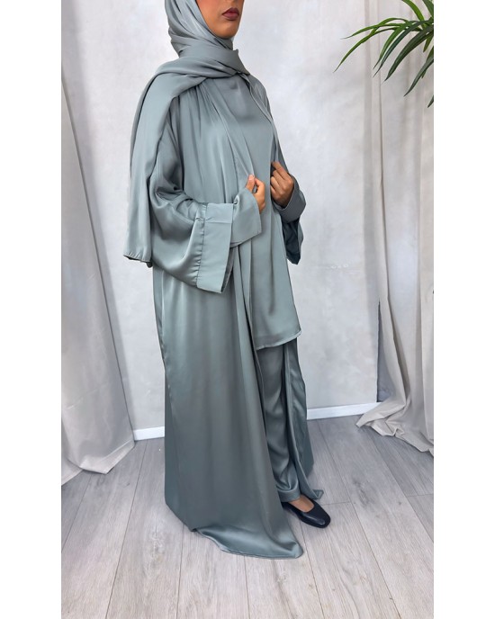 Armani Satin 4-Piece Abaya Set - Dark Sage