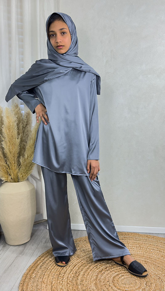New Childrens 4-Piece Trouser Abaya Set - Cool Grey