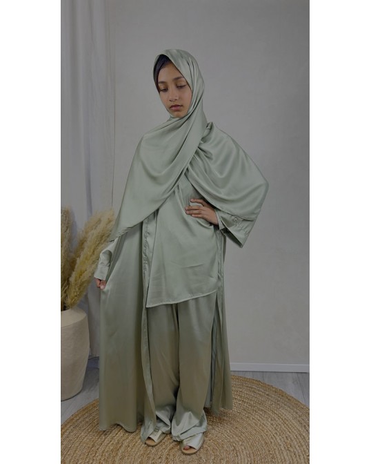 New Childrens 4-Piece Trouser Abaya Set - Sage Green